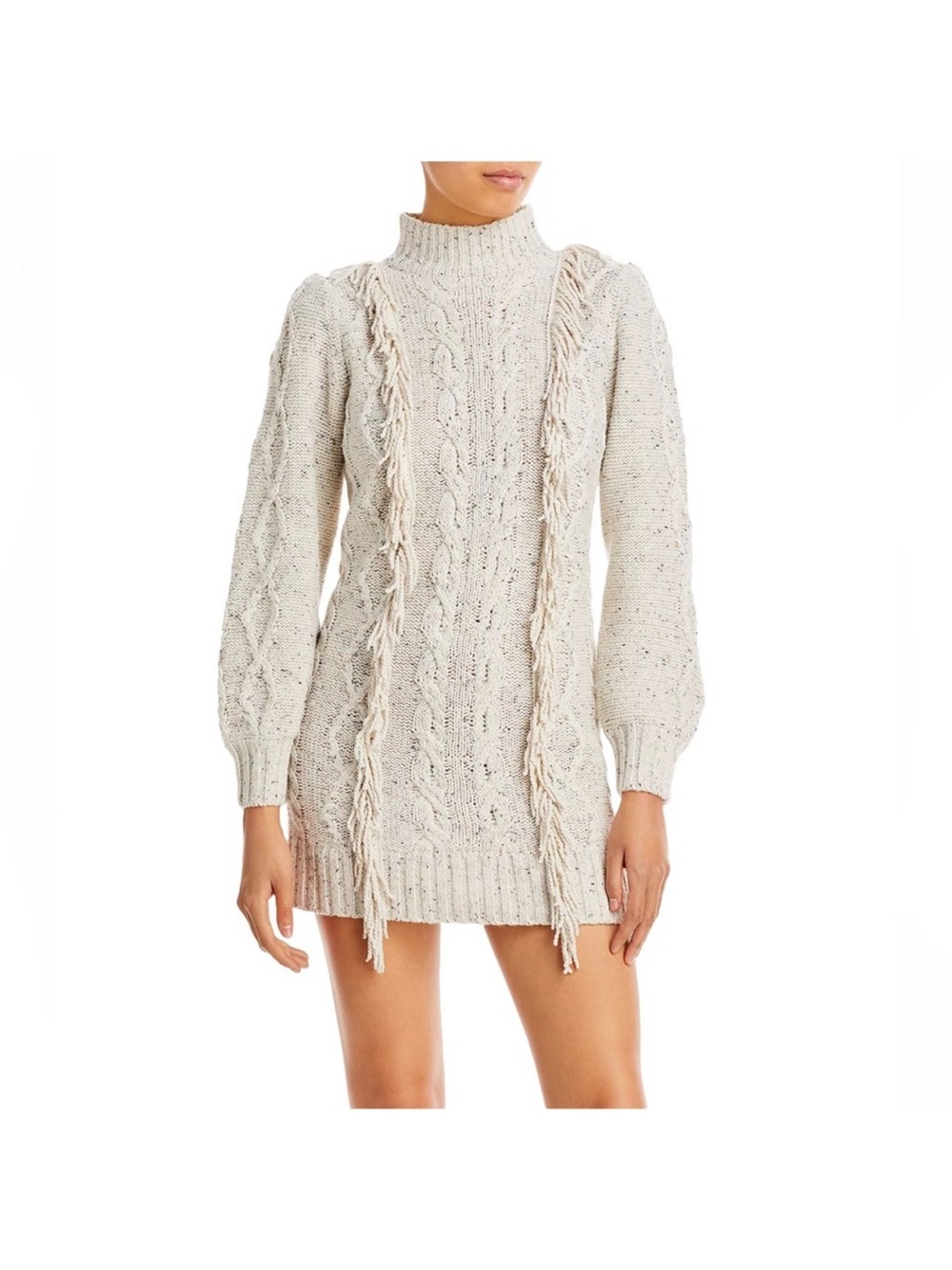Line & Dot Dress Cream Cable-Knit Fringe Turtleneck Sweater Dress size Medium
